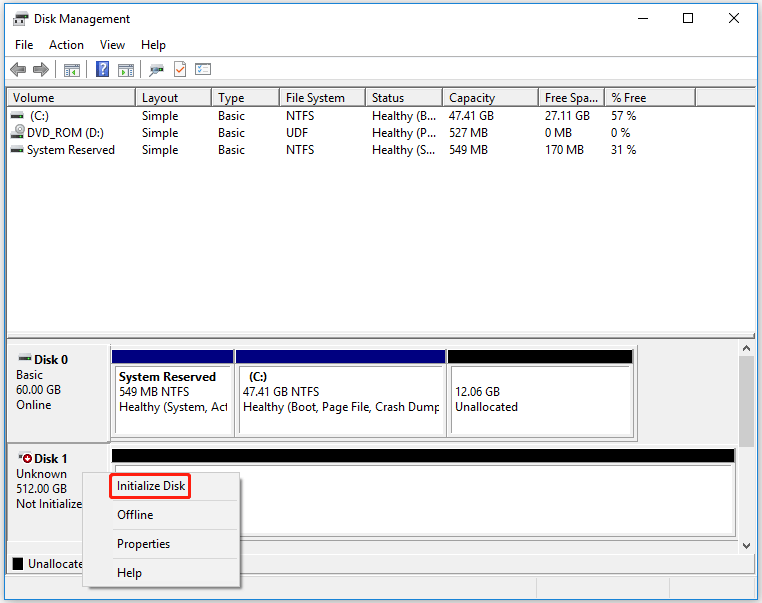 select Initialize Disk in Disk Management