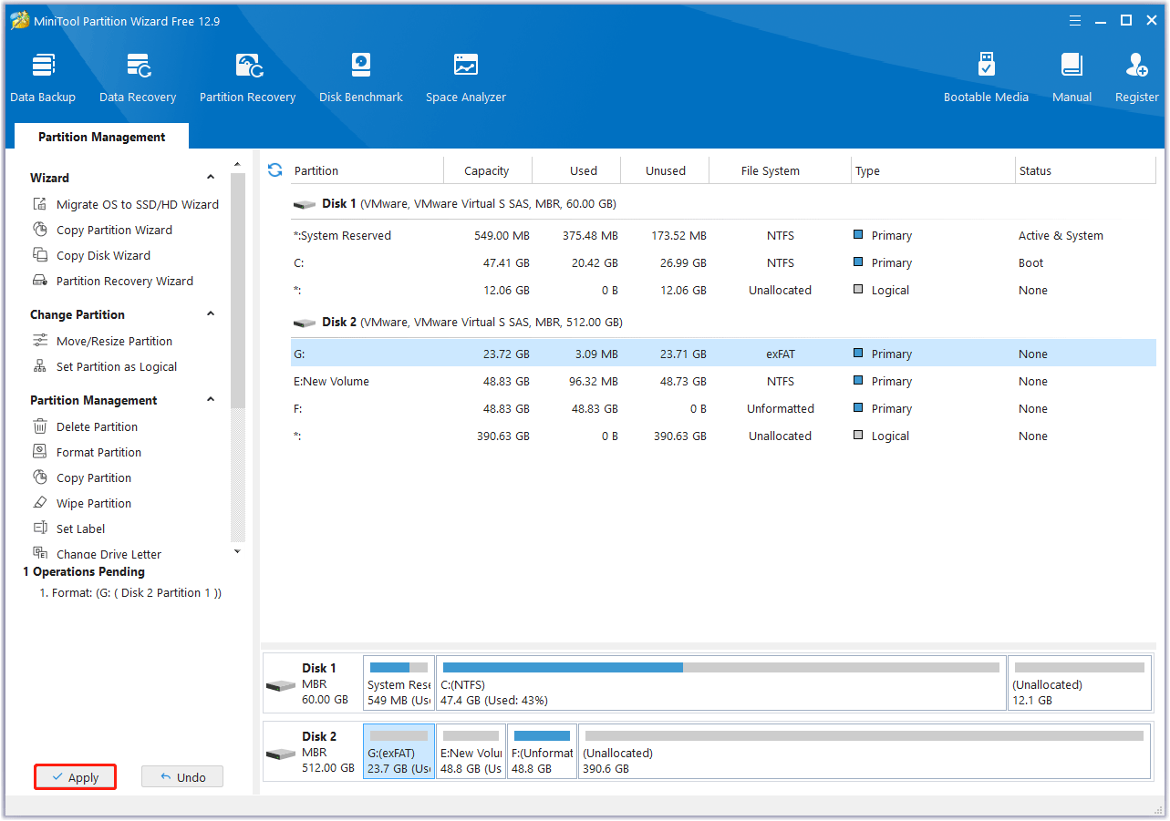 click Apply to complete the pending operation in MiniTool Partition Wizard