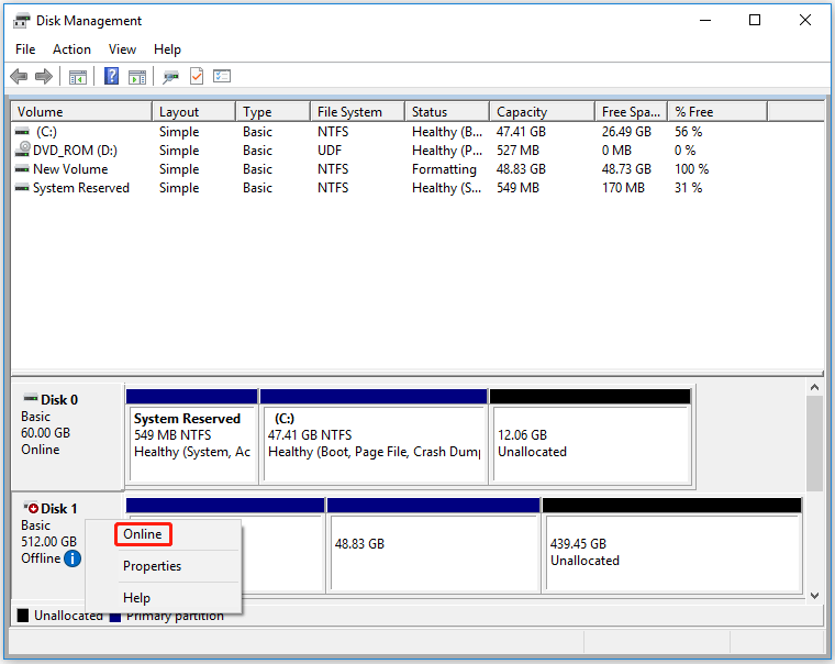 make the drive online in Disk Management