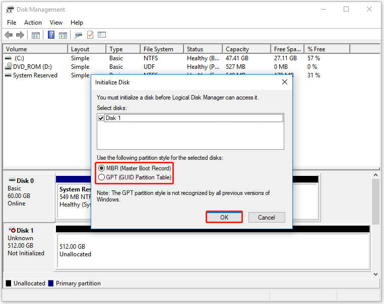 choose a partition style in Disk Management