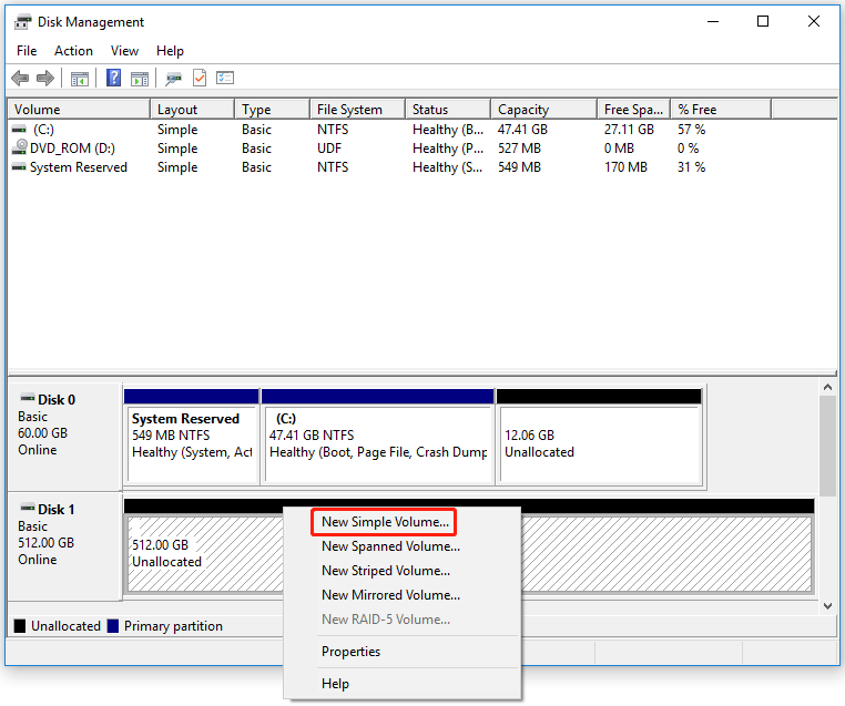 create a new volume in Disk Management