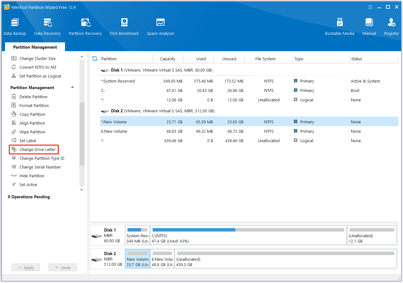 change drive letter in MiniTool Partition Wizard