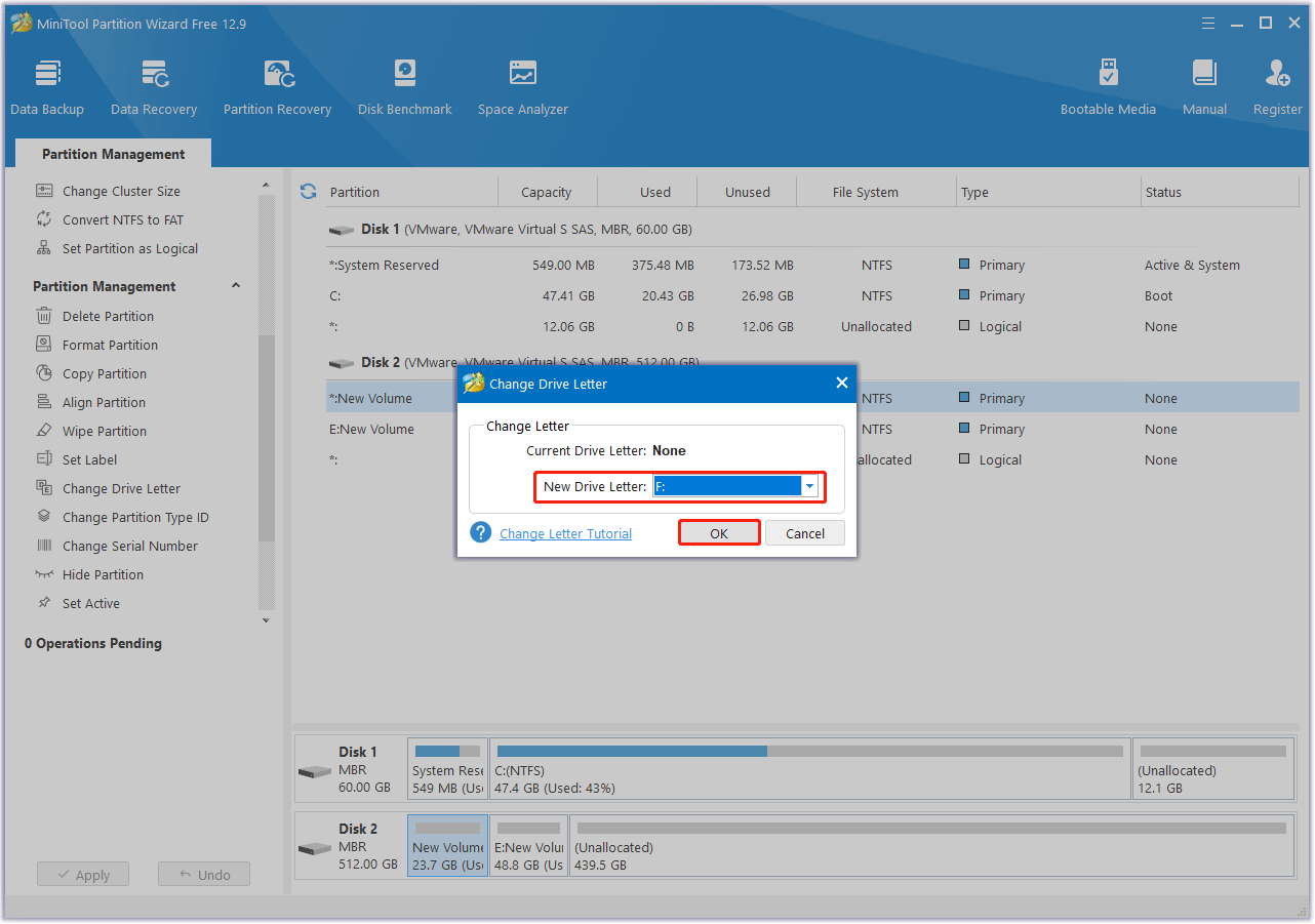 select a drive letter in MiniTool Partition Wizard