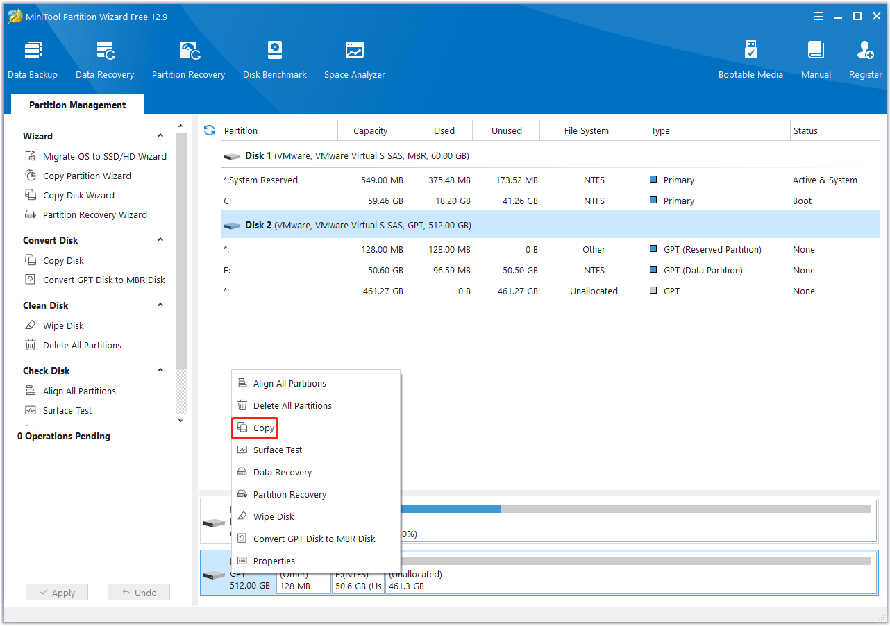 choose the original SSD to copy in MiniTool Partition Wizard