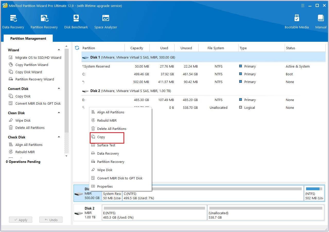 click Copy in MiniTool Partition Wizard