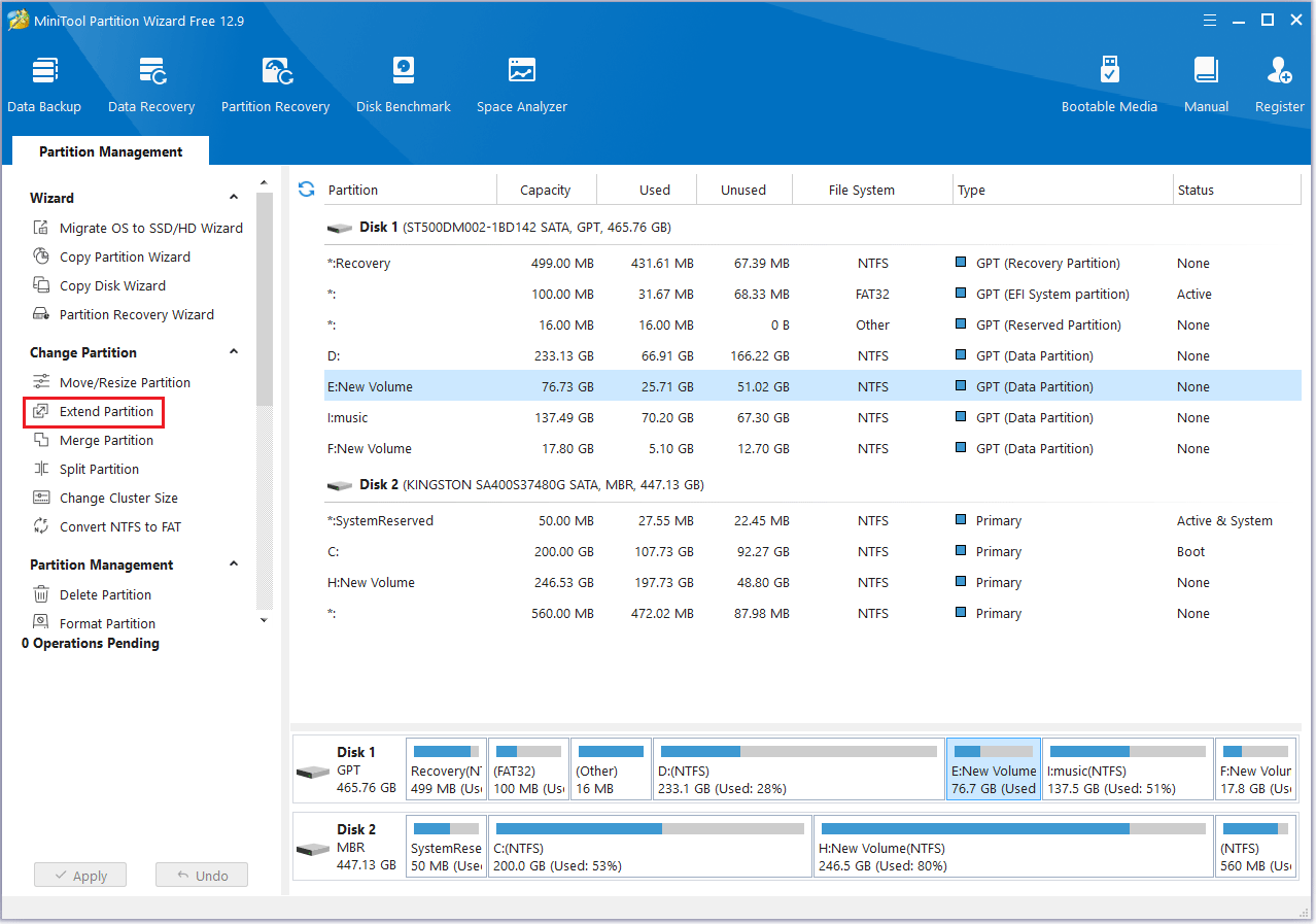 click Extend Partition in MiniTool Partition Wizard