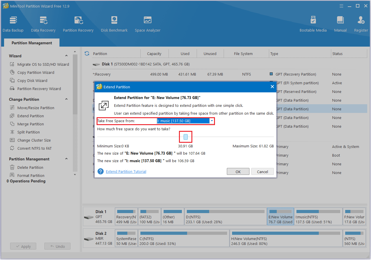 extend the partition in MiniTool Partition Wizard