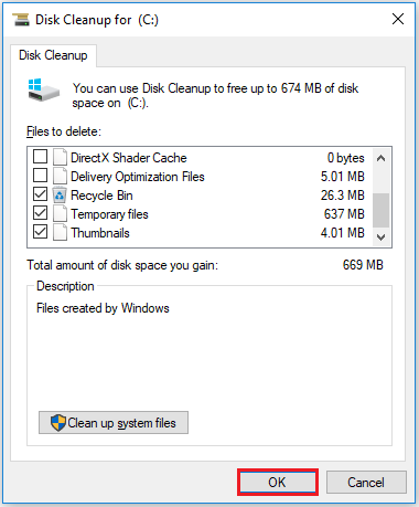 delete files via disk cleanup