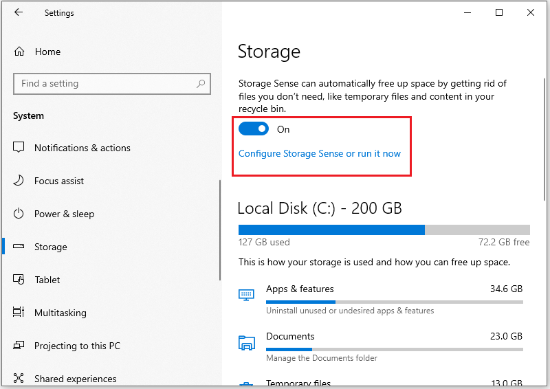 click Configure Storage Sense or run it now