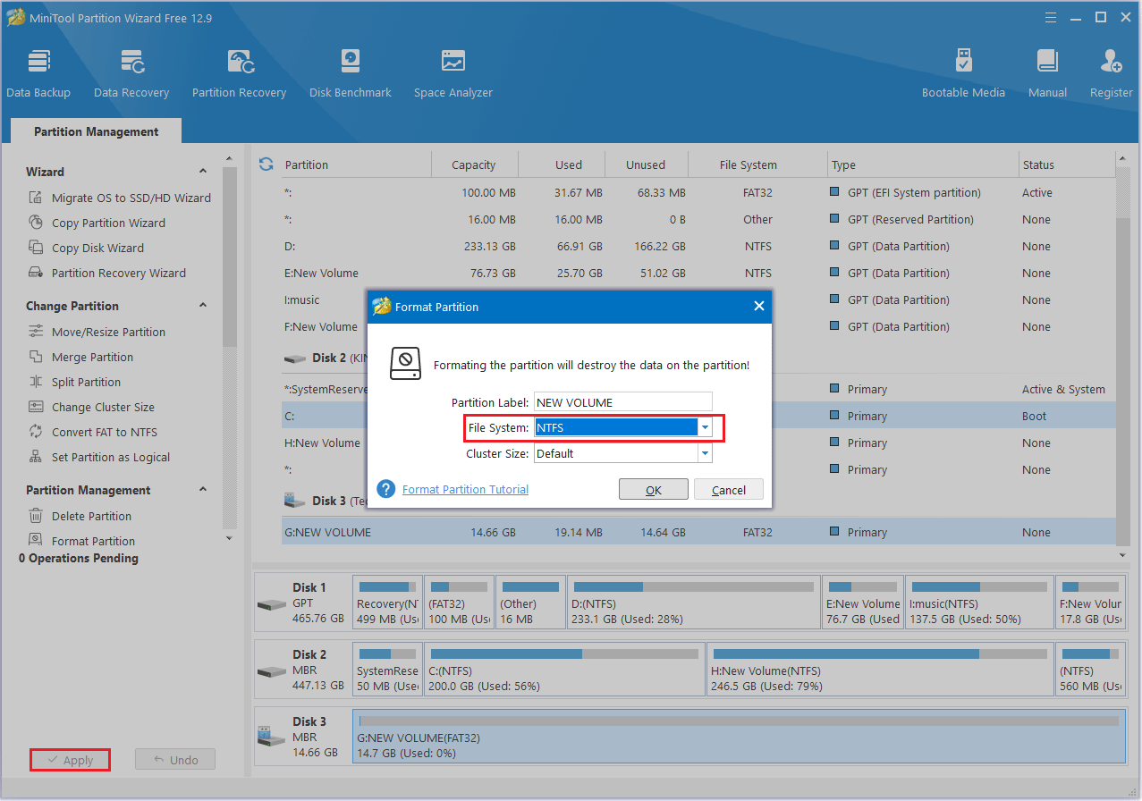 format USB hard drive in MiniTool Partition Wizard