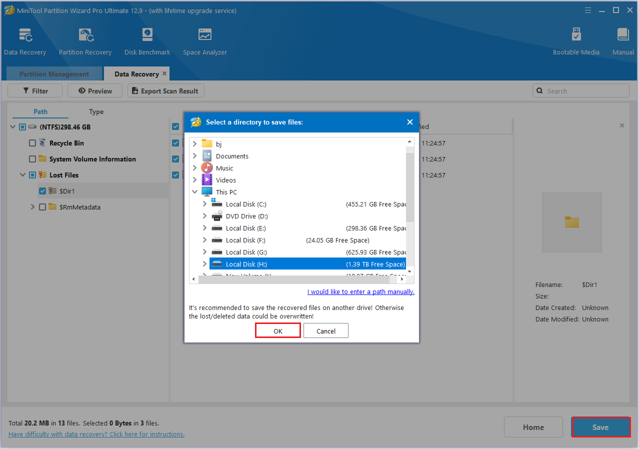 save the lost files in a new drive in MiniTool Partition Wizard