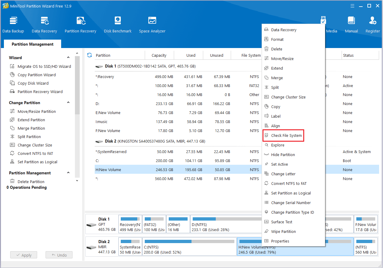 select Check File System in MiniTool Partition Wizard
