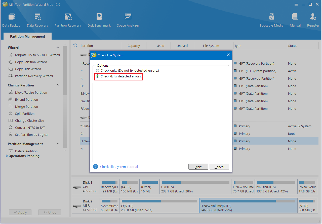 select Check File System in MiniTool Partition Wizard