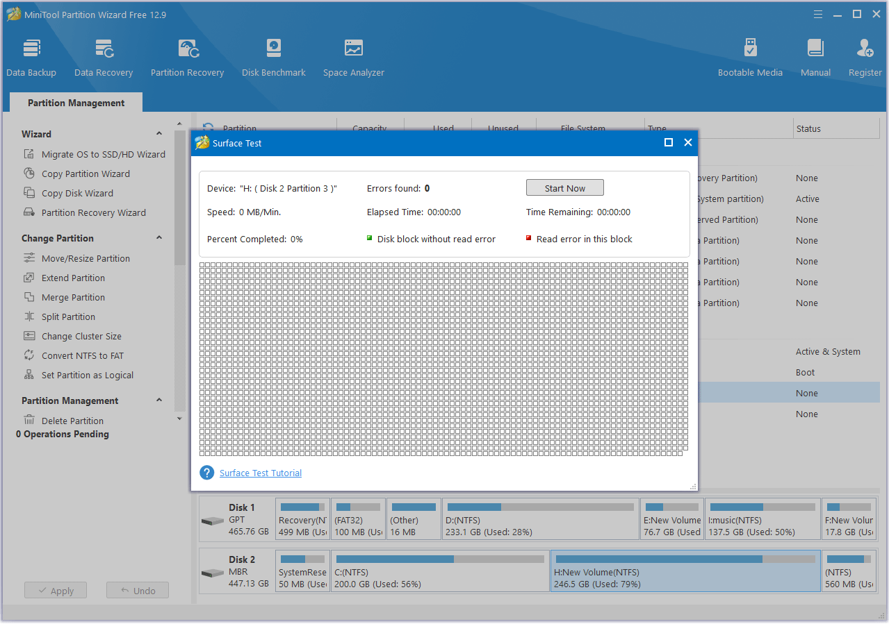 surface test a hard drive in MiniTool Partition Wizard