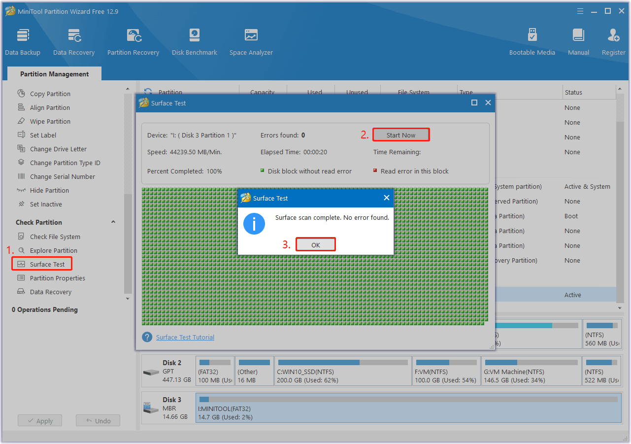 run Surface Test in MiniTool Partition Wizard