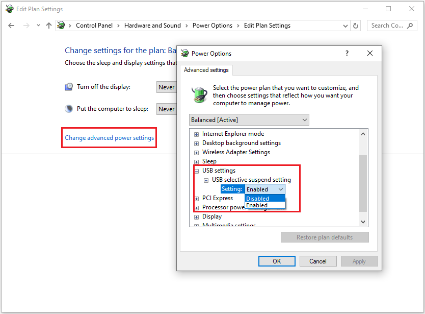 set USB selective suspend setting as Disabled