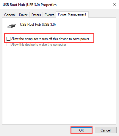 uncheck Allow the computer to turn off this device to save power