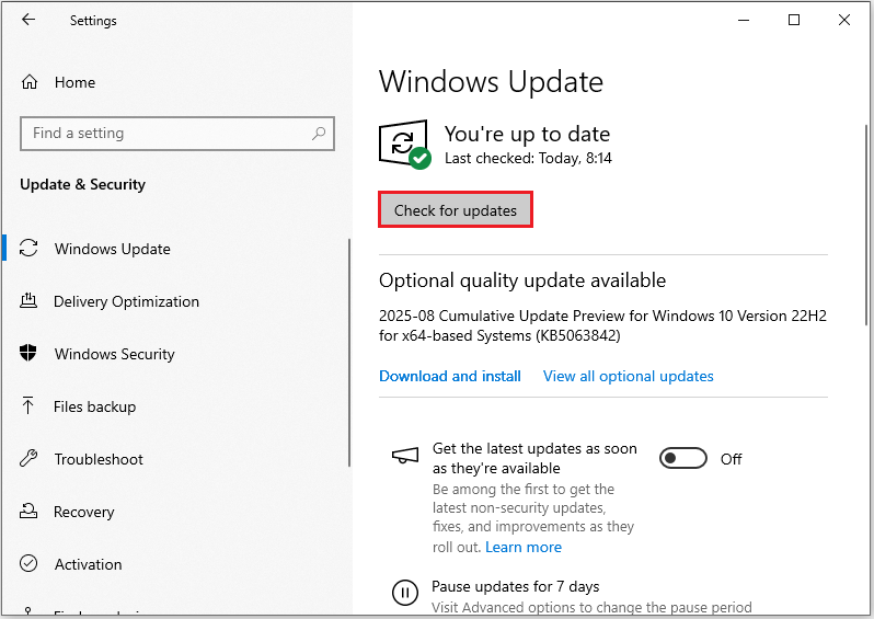 click Check for updates