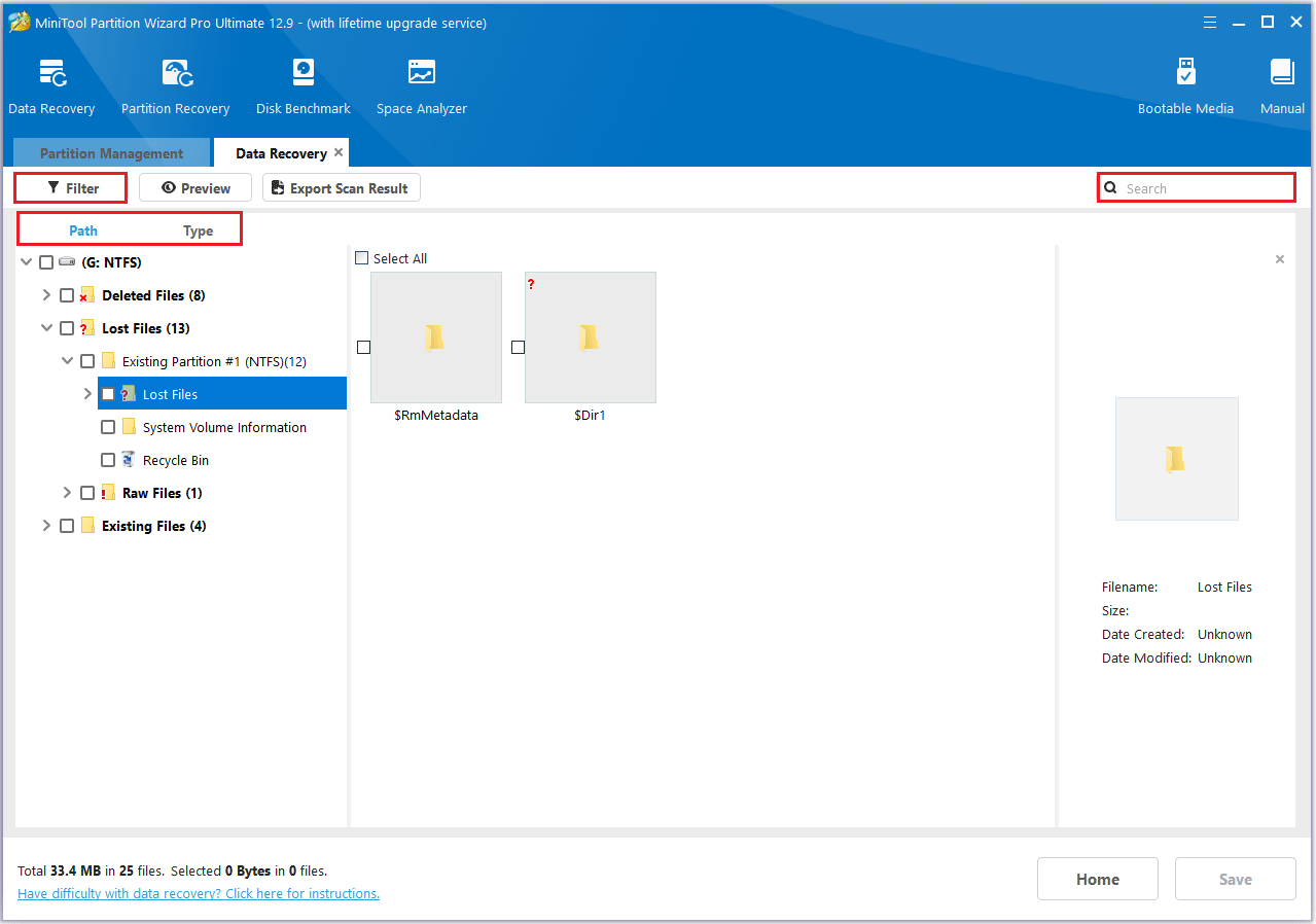 find the specific lost files in MiniTool Partition Wizard
