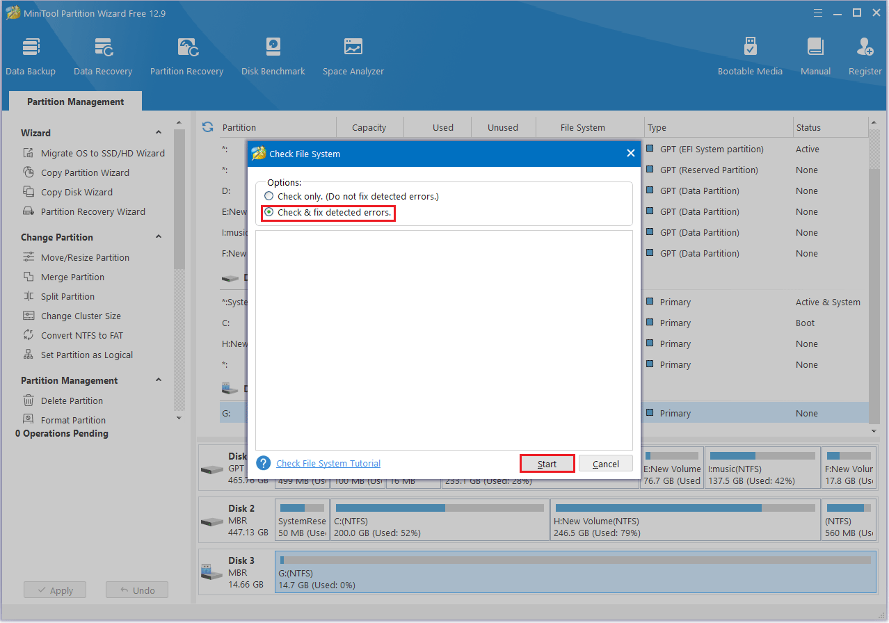 click Start in MiniTool Partition Wizard