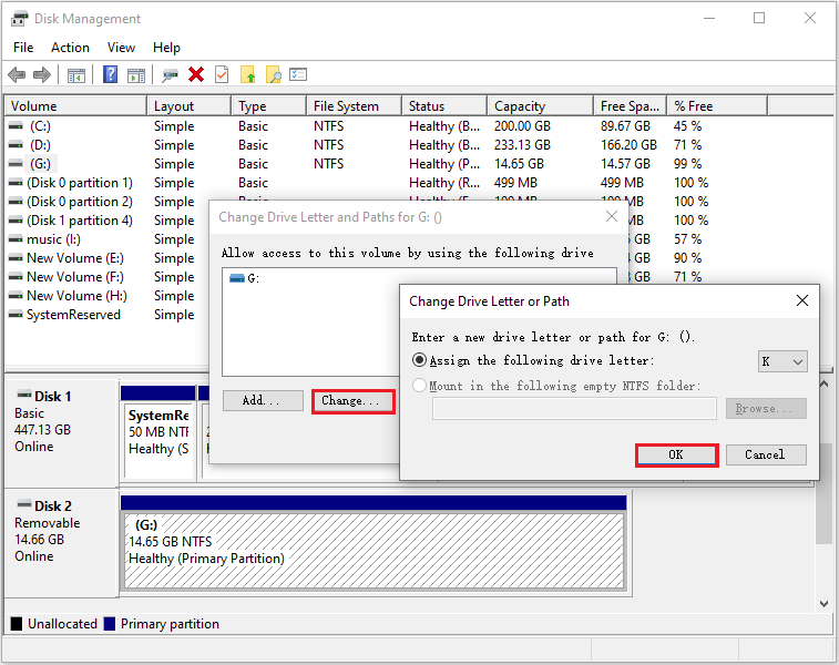 change a drive letter via Disk Management