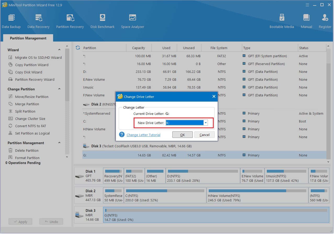 change a drive letter in MiniTool Partition Wizard
