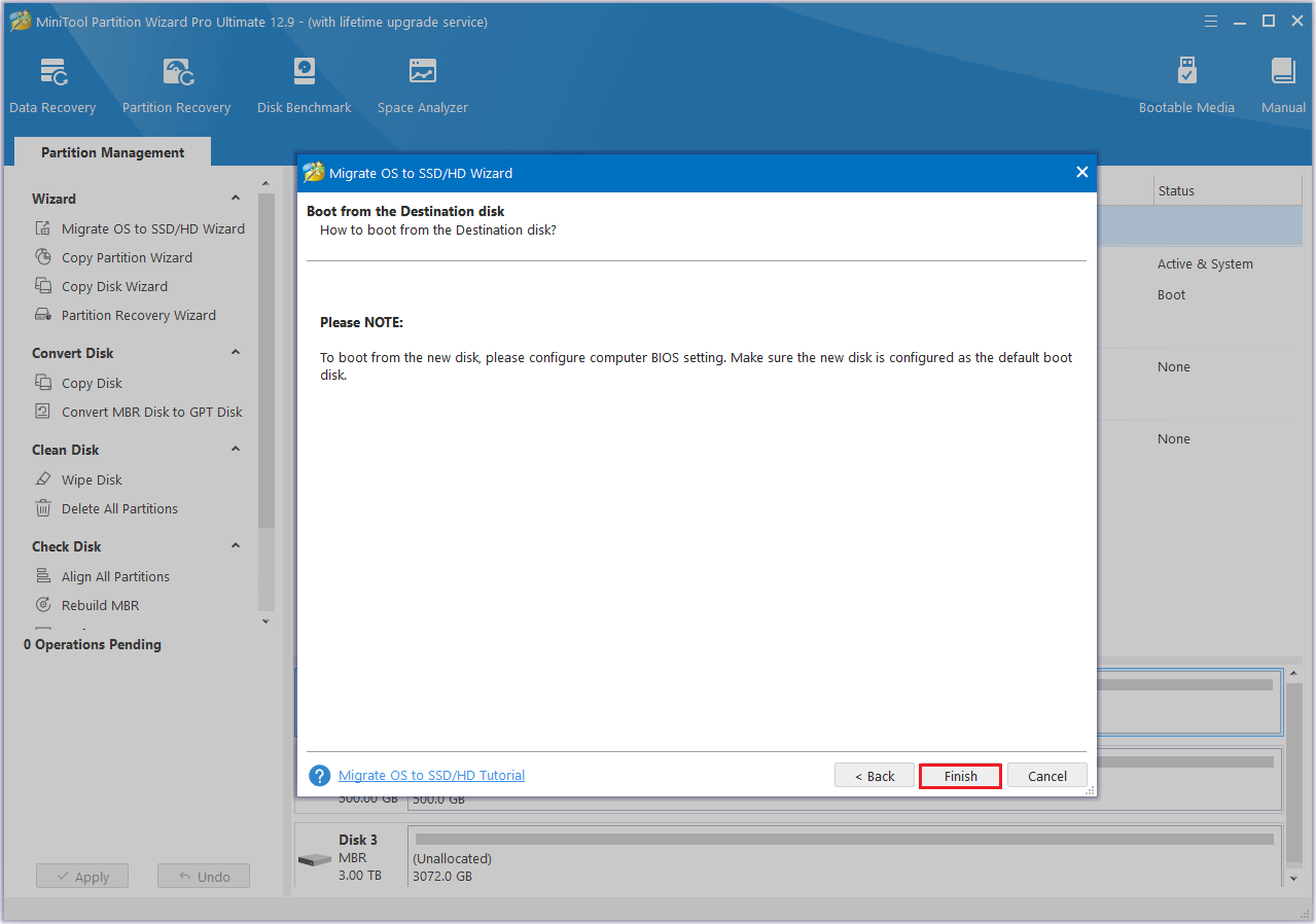 click Finish in MiniTool Partition Wizard
