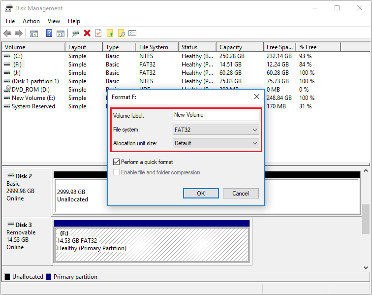 format an SD card via disk management