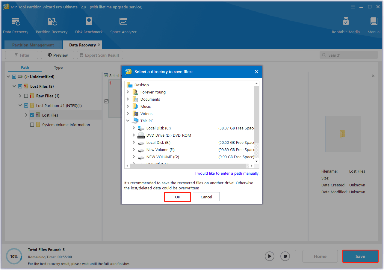 save the lost files in another drive with MiniTool Partition Wizard