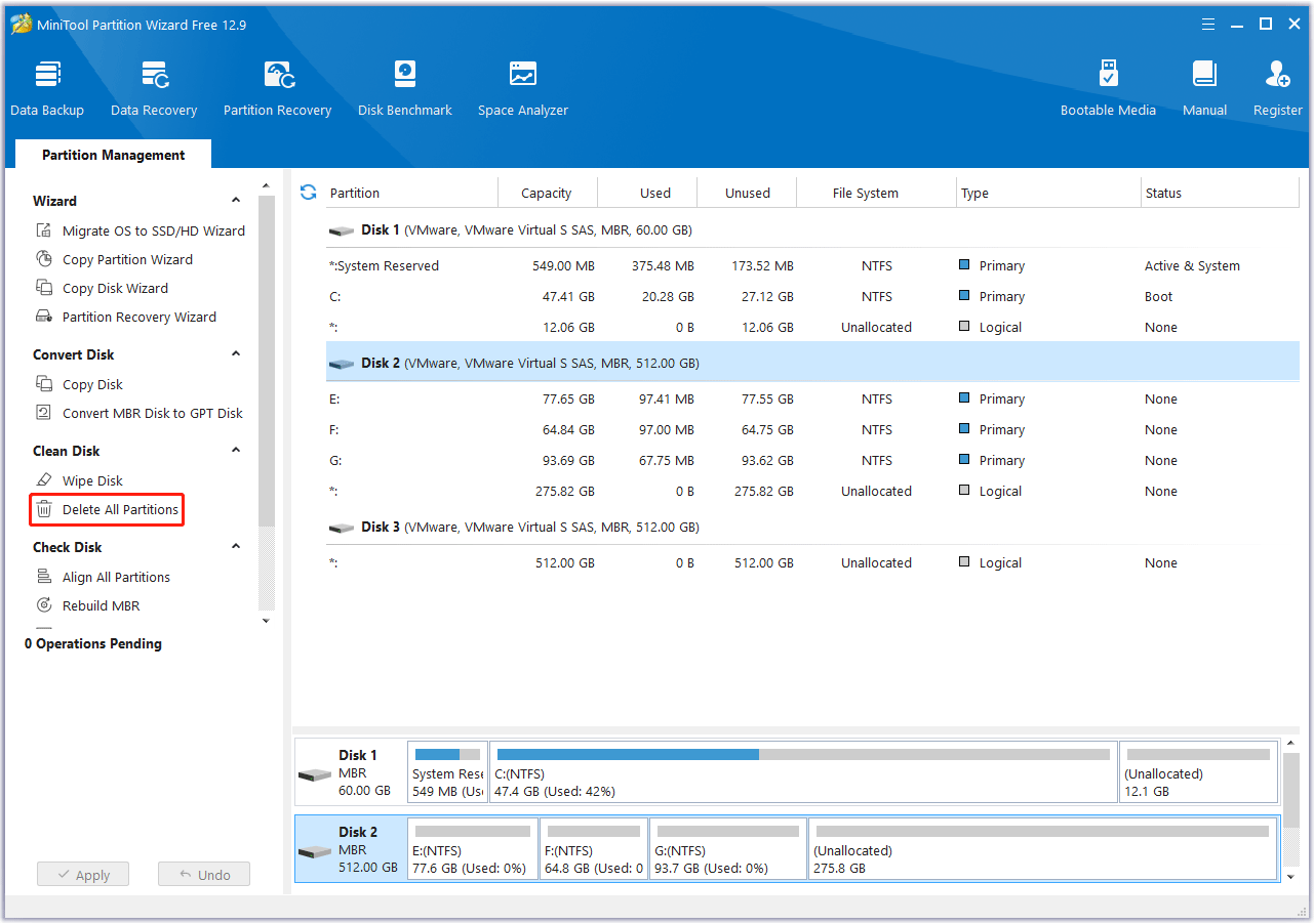 delete all partitions on the old hard drive via MiniTool Partition Wizard