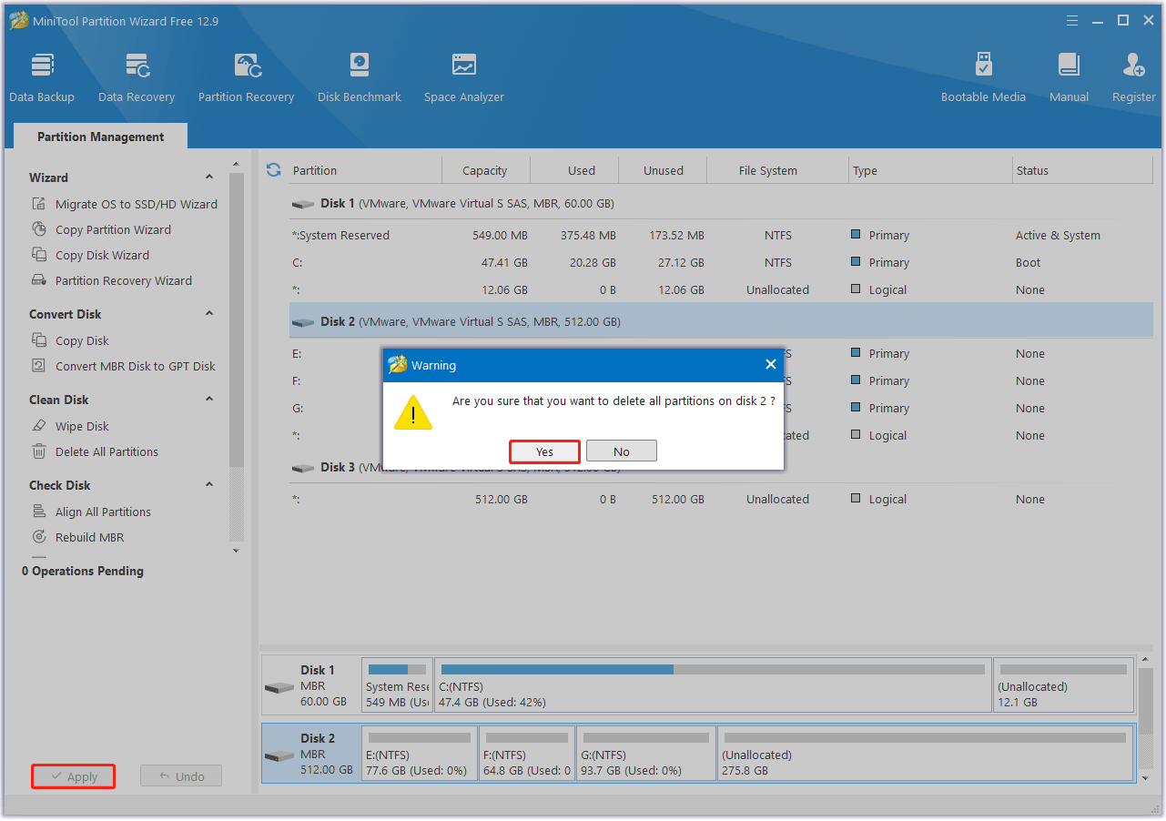 click Apply to complete the pending operations in MiniTool Partition Wizard