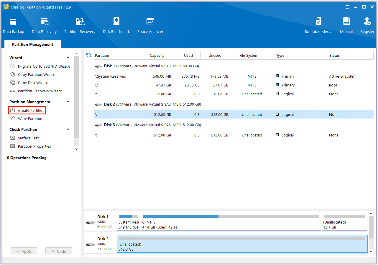 create a new partition in MiniTool Partition Wizard
