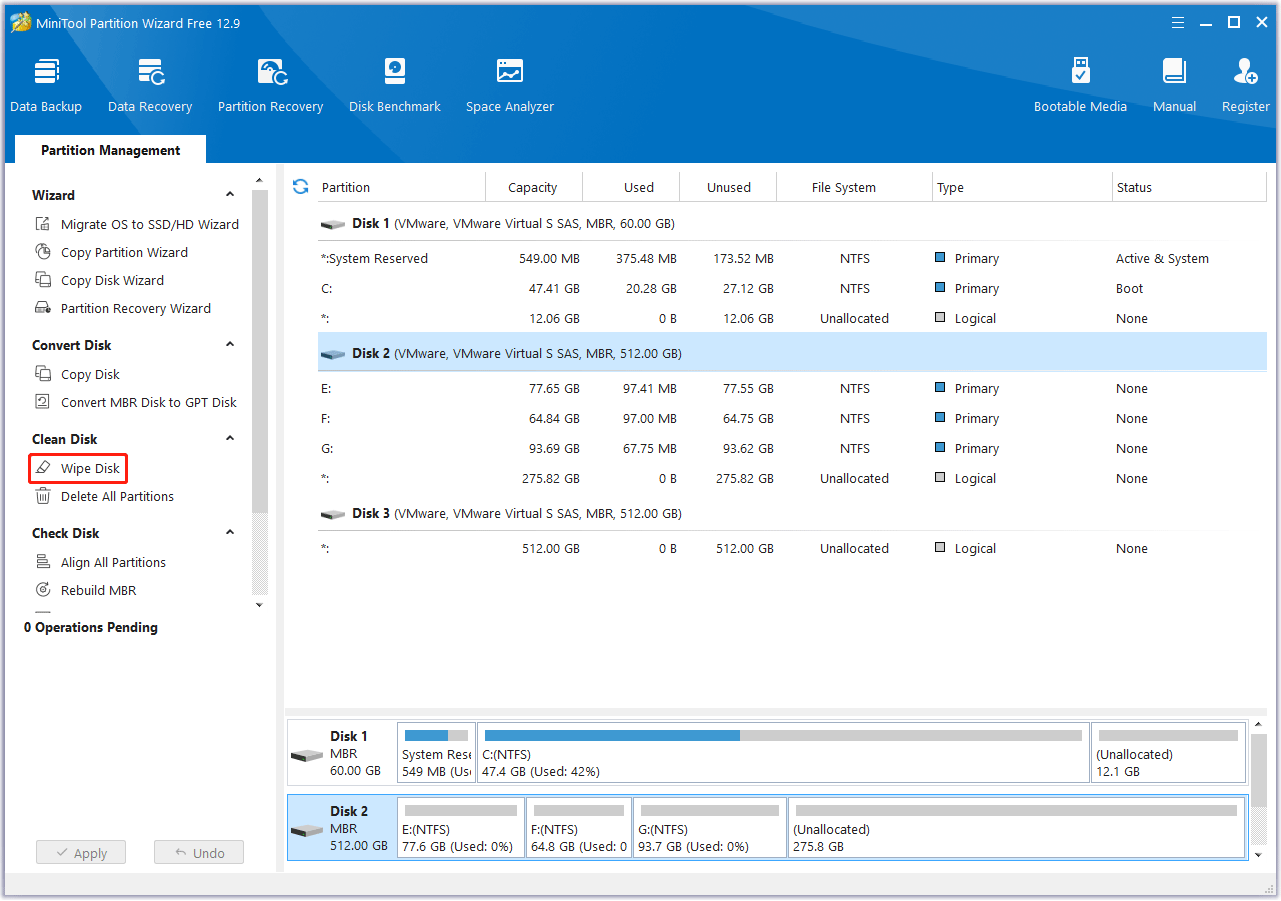 wipe the old hard drive with MiniTool Partition Wizard
