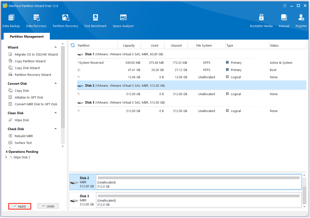 click Apply to confirm in MiniTool Partition Wizard