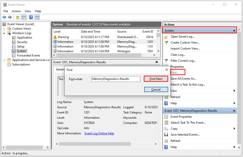 check memory test result in Event Viewer