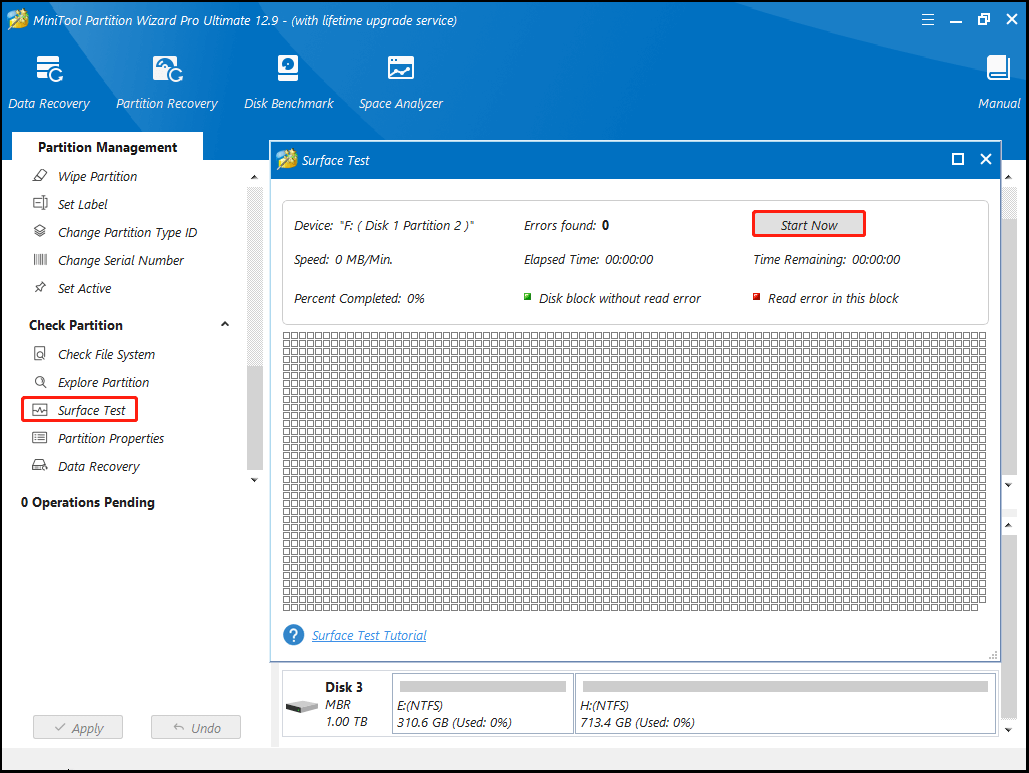 run Surface Test in MiniTool Partition Wizard