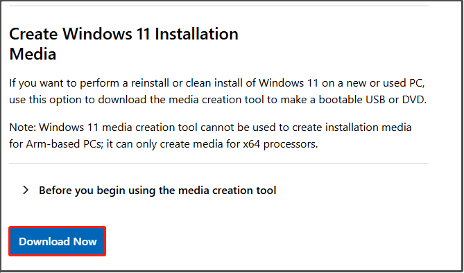 click Download Now under Create Windows 11 Installation Media