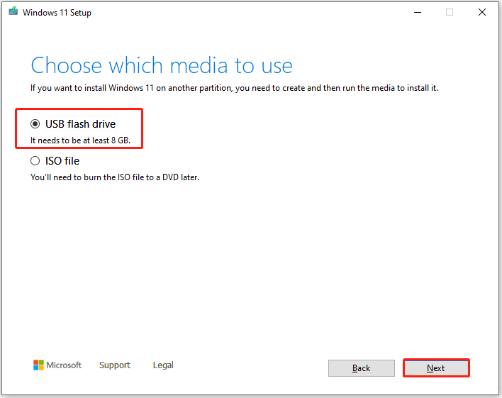 choose USB flash drive and click Next