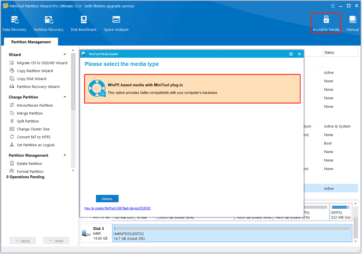 create MiniTool bootable USB media in MiniTool Partition Wizard