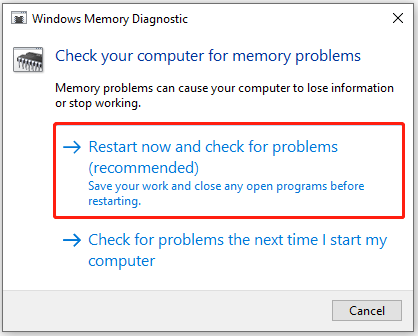 select Restart now and check for problems