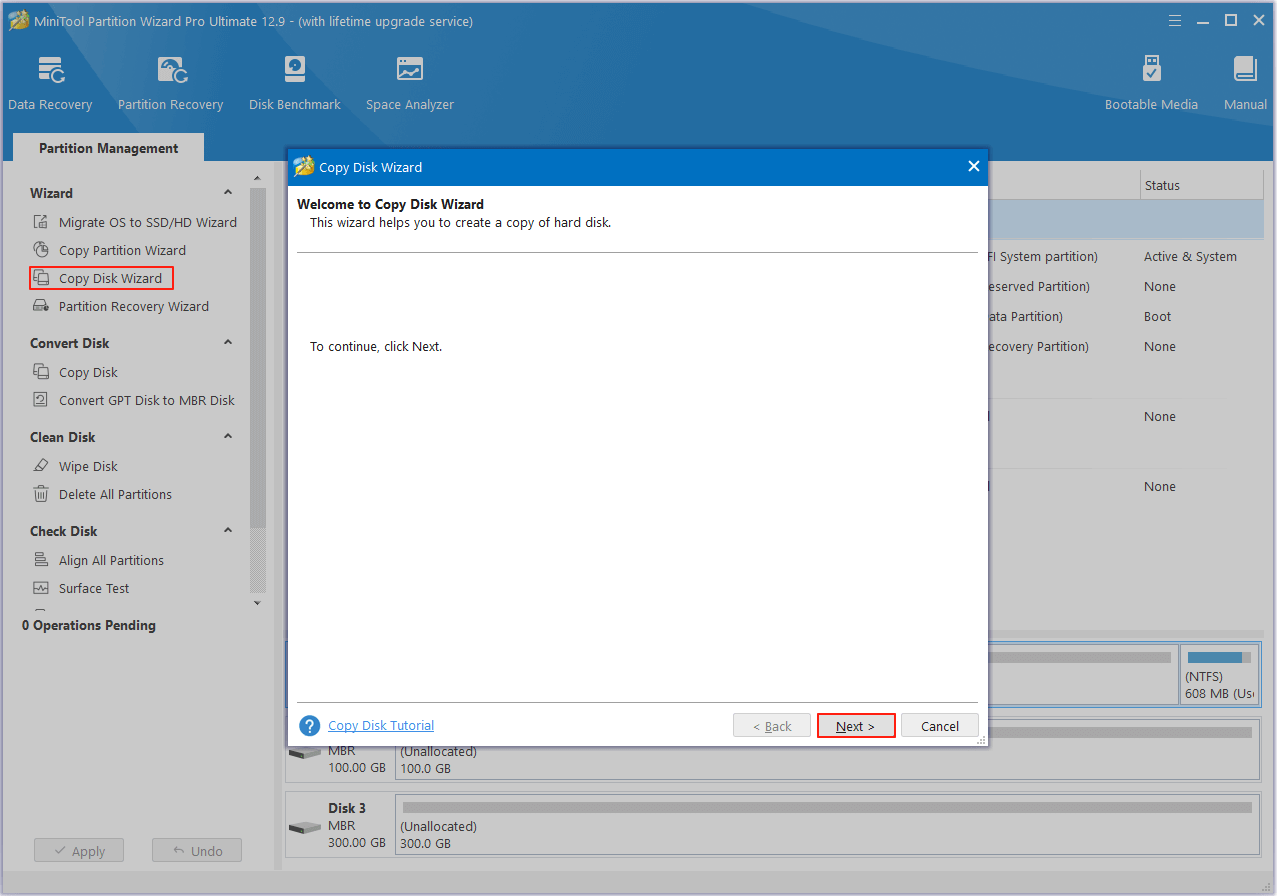 select Copy Disk Wizard and click Next in MiniTool Partition Wizard
