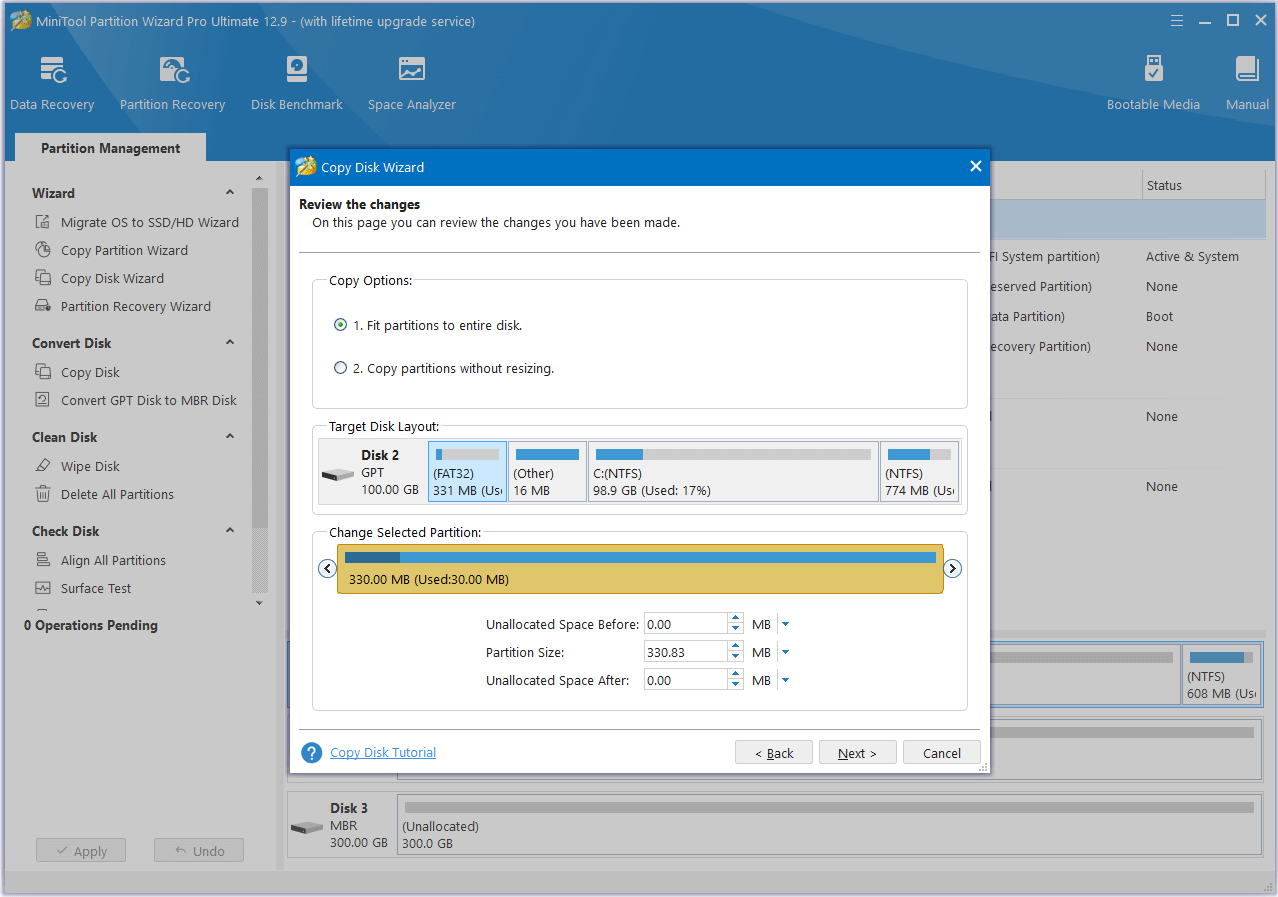 set Copy Options and adjust disk layout in MiniTool Partition Wizard