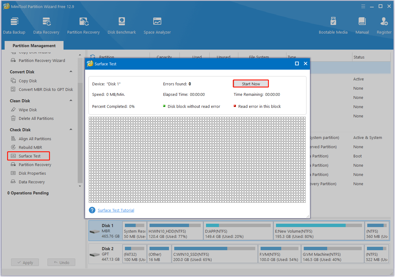run Surface Test in MiniTool Partition Wizard