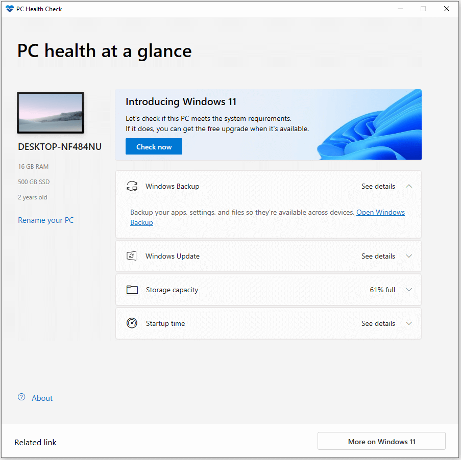 the screenshot of PC Health Check main interface