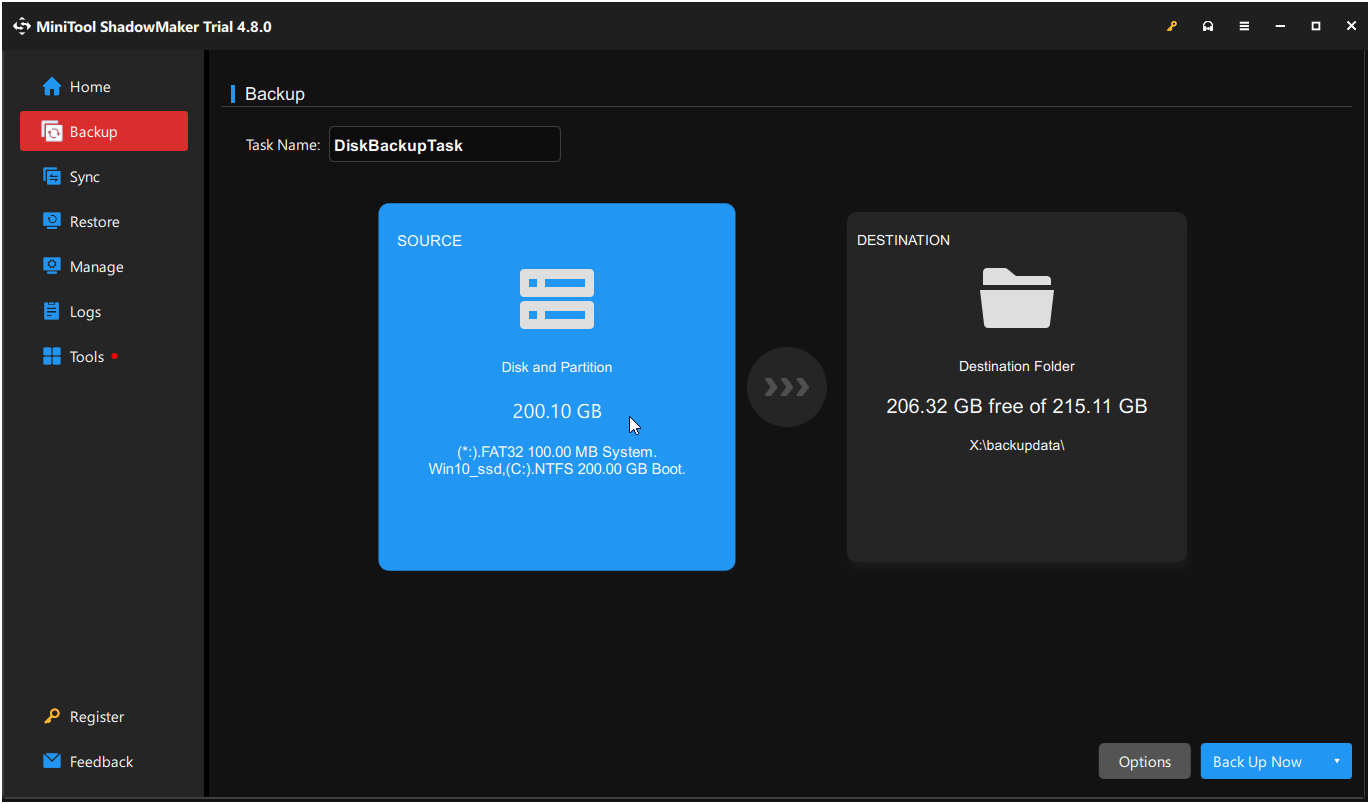 screenshot showing system partitions are selected to start an OS backup in MiniTool ShadowMaker