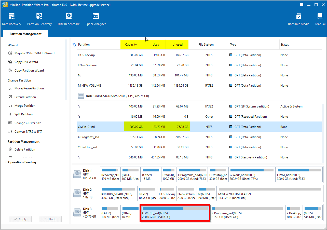 screenshot showing the disk capacity information in MiniTool Partition Wizard