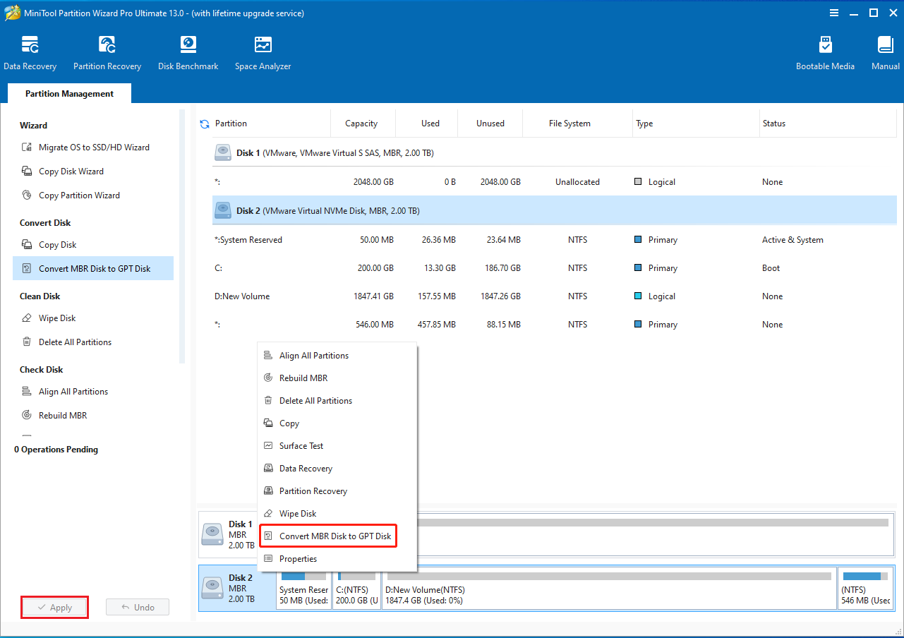 screenshot showing convert MBR system disk to GPT in MiniTool Partition Wizard