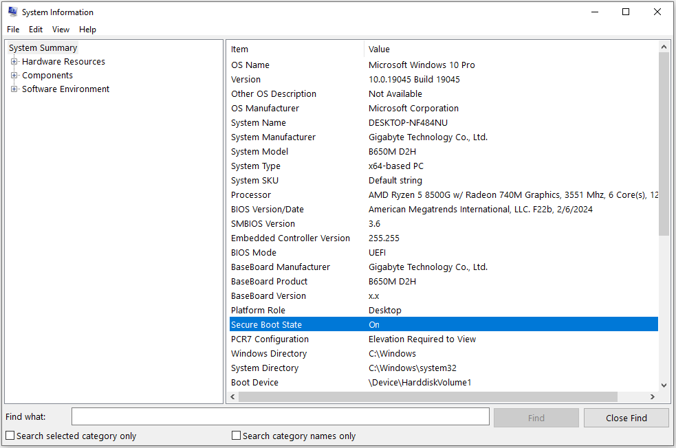 screenshot showing that secure boot is enabled in Windows 10