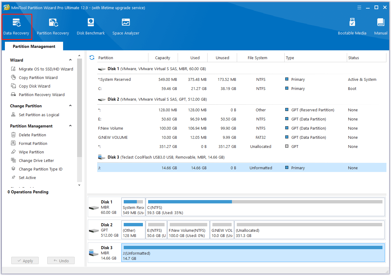 click Data Recovery in the main interface of MiniTool Partition Wizard