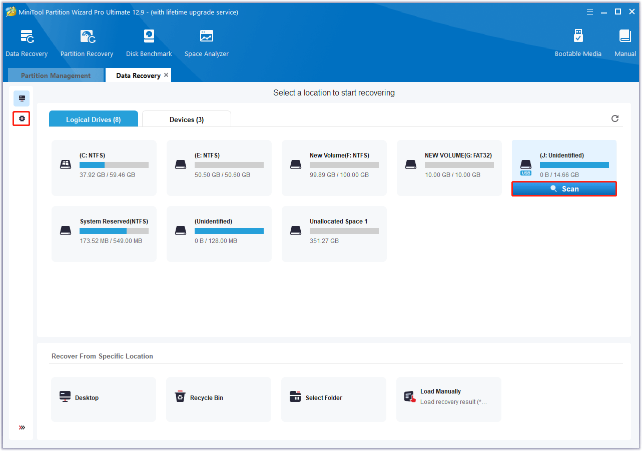 Click Scan to recover data from the drive in MiniTool Partition Wizard